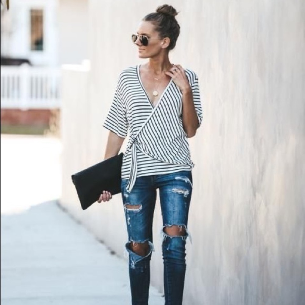 Bailey Striped Knit Belted Wrap Top - White/Black